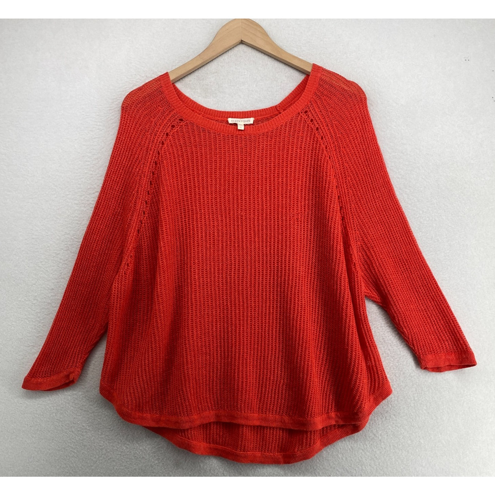 EILEEN FISHER Sweater XL Linen Ribbed Tunic Long Sleeve Pullover Orange